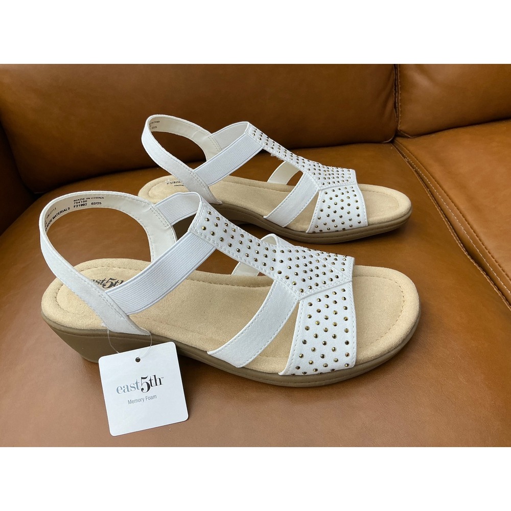 East 5th Inster Wedge Sandals Womens 10 White New Studded Memory Foam Comfort